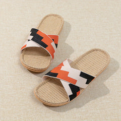 Crisscross Strap Linen Slides Colorblock Open Toe Slip On Flat Shoes