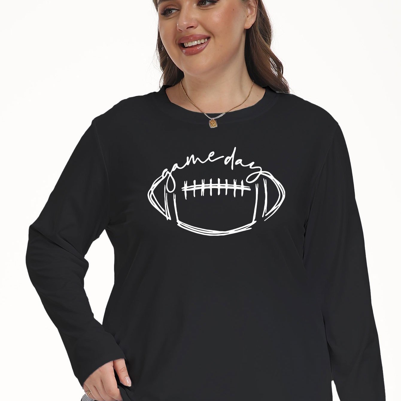 Lounge Top Women's Plus Letter Rugby Print Long Sleeve Tee