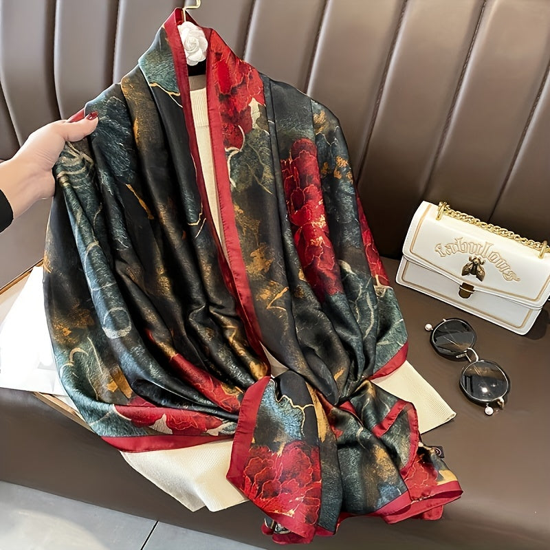 Vintage Red Flower Print Scarf Dark Tie Dye Satin Shawl