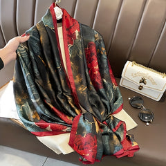Vintage Red Flower Print Scarf Dark Tie Dye Satin Shawl