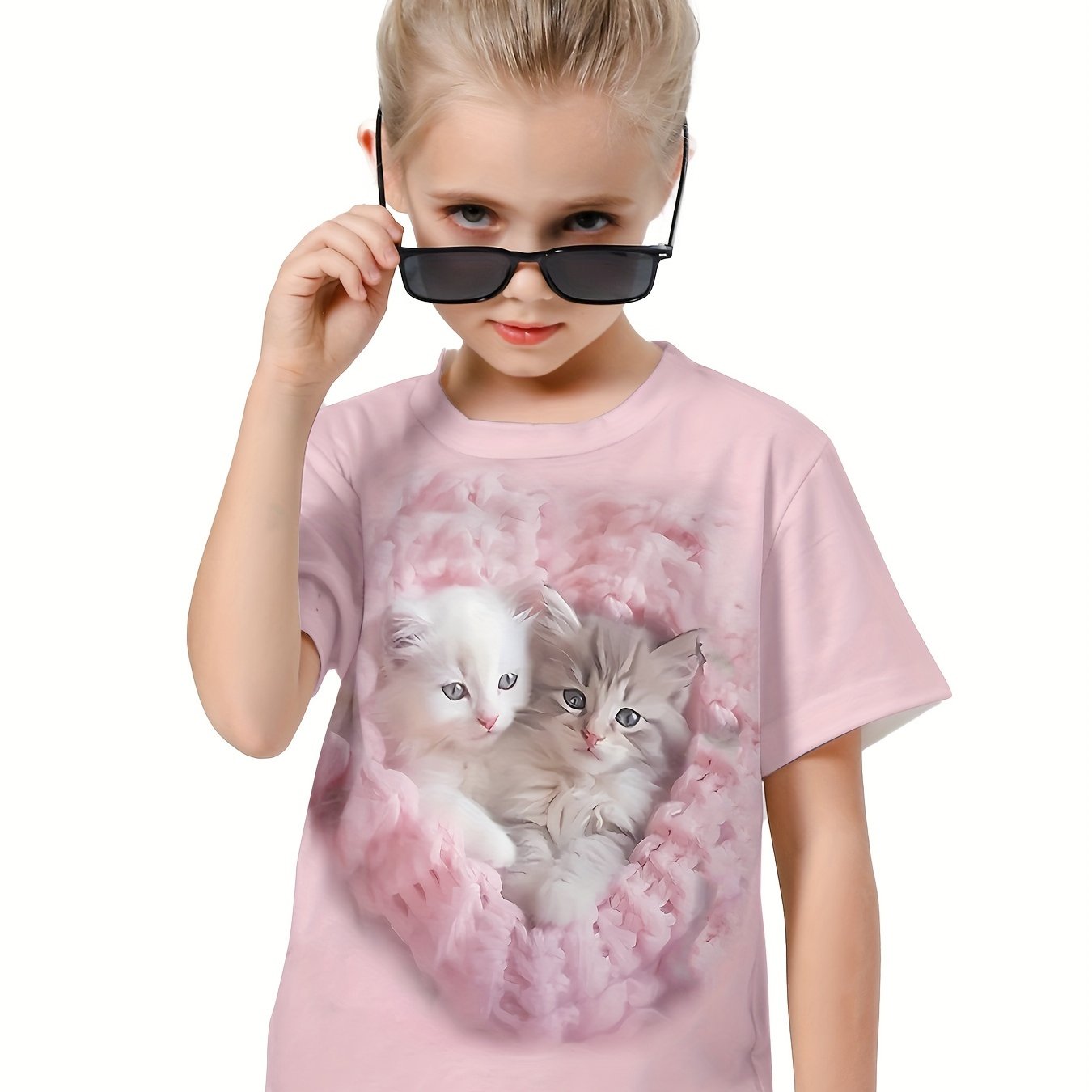3D Adorable Cat Print Kids Short Sleeve T shirt Summer Clothes