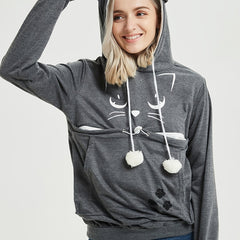 Cat Print Hoodies Drawstring Long Sleeve Sweatshirt With Cat Ears