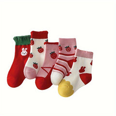5 Pairs Boy's Cartoon Striped Crew Socks Breathable Casual Style