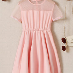 Girl's Contrast Mesh Short Sleeve A Line Dress For Party Beach Vacation