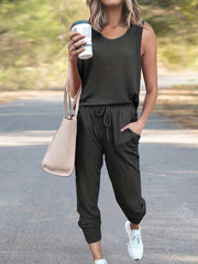 Solid Two piece Pants Set Crew Neck Tank Top & Drawstring Pants