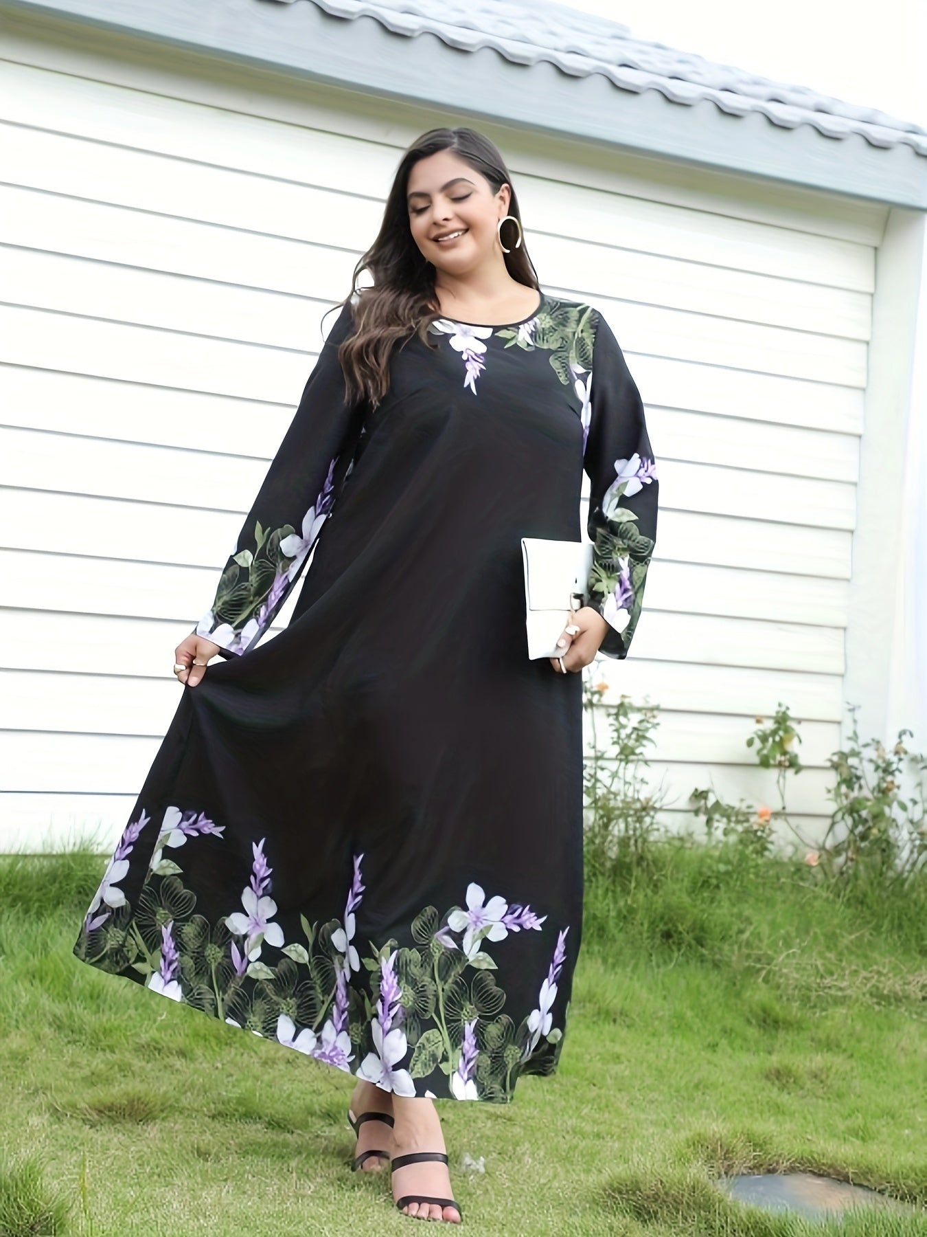 Boho Dress Women's Plus Floral Print Long Sleeve Maxi Dress