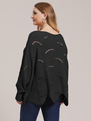 Boat Neck Loose Fit Sweater Women's Plus Casual Solid Sweater