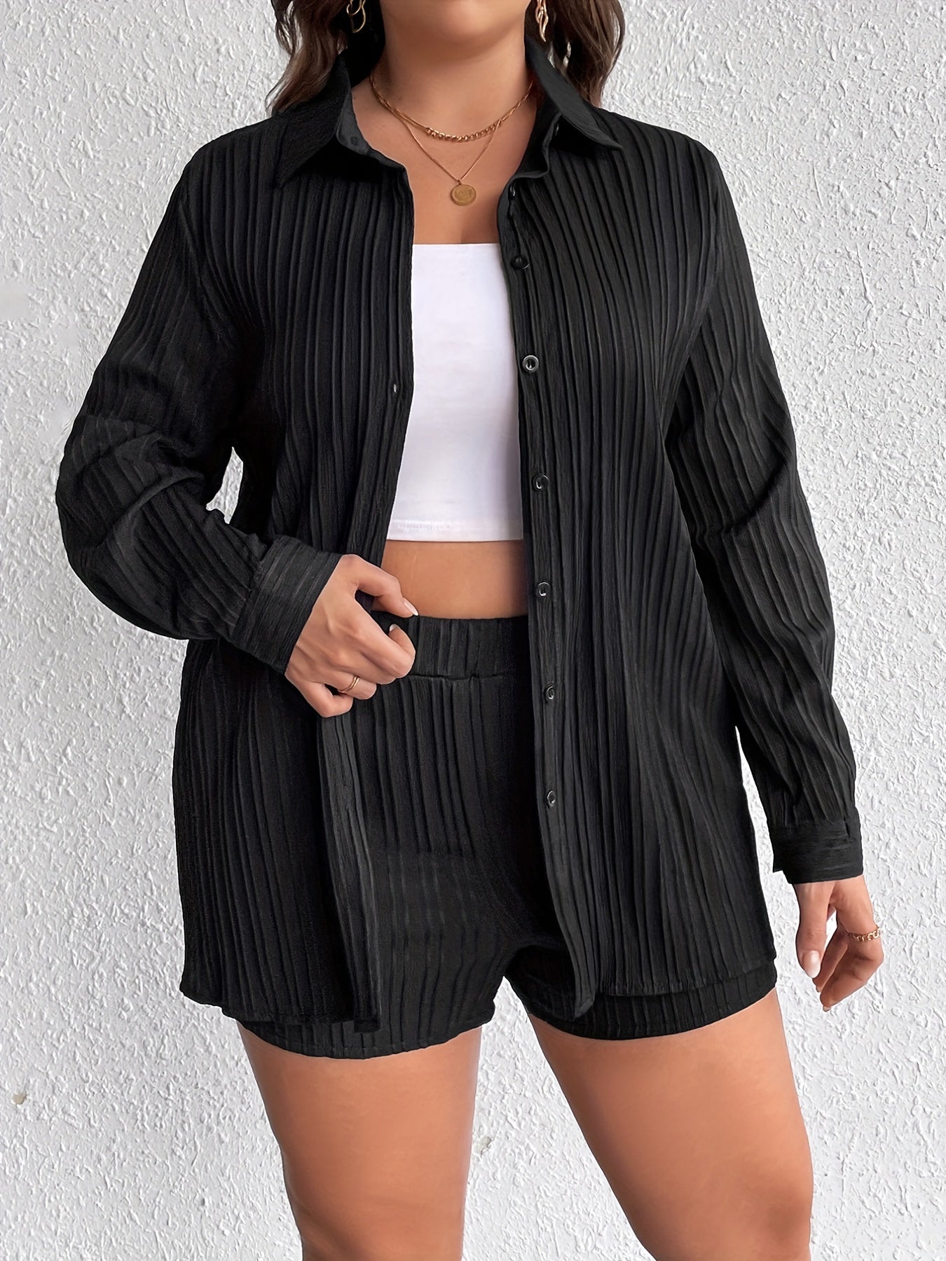 Solid Ribbed Button Up Blouse & Shorts Set