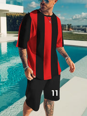 Men's 2 Piece Stripe Pattern T-shirt and Number 11 Shorts Set