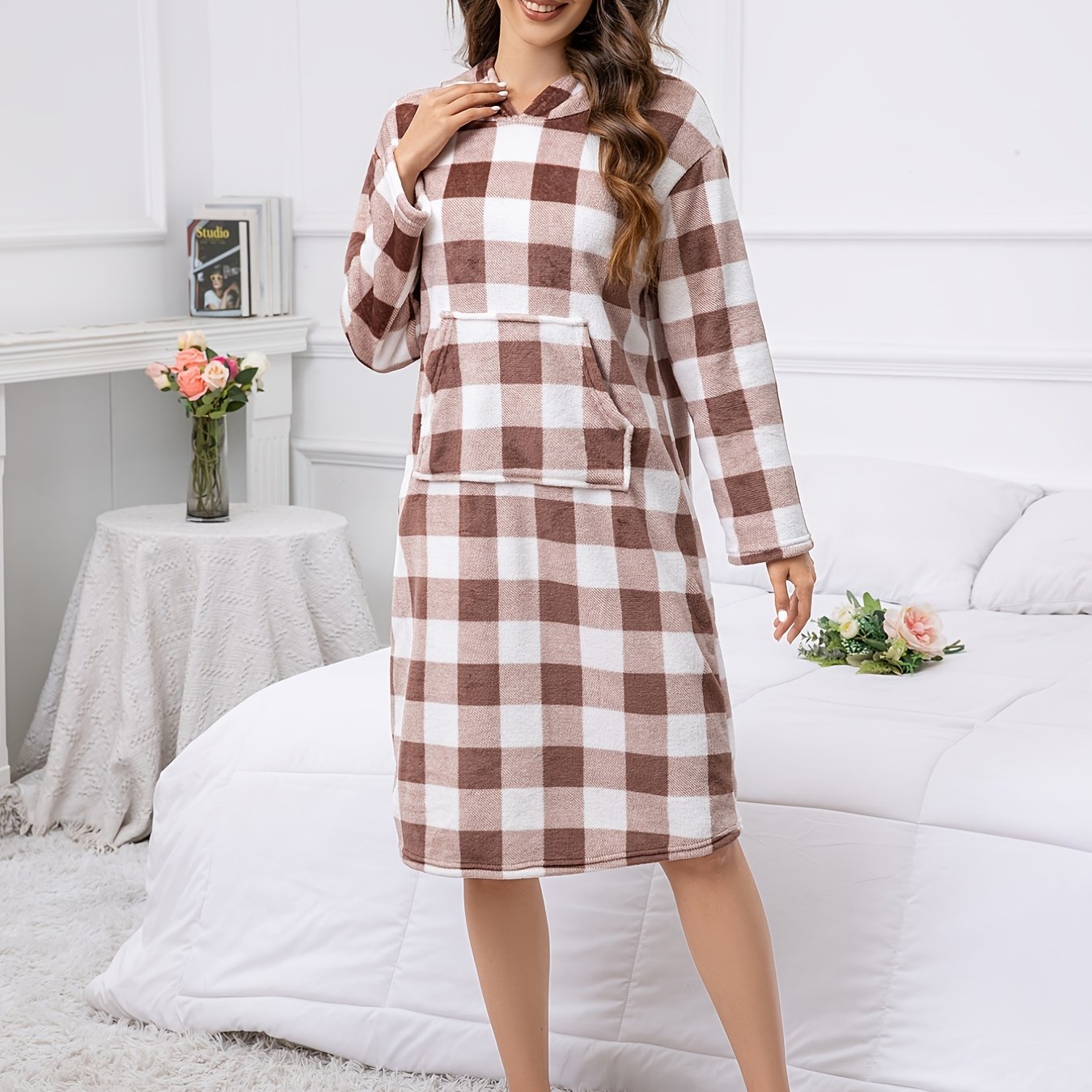 Plaid Hooded NightDress Long Sleeve Pajama Dress