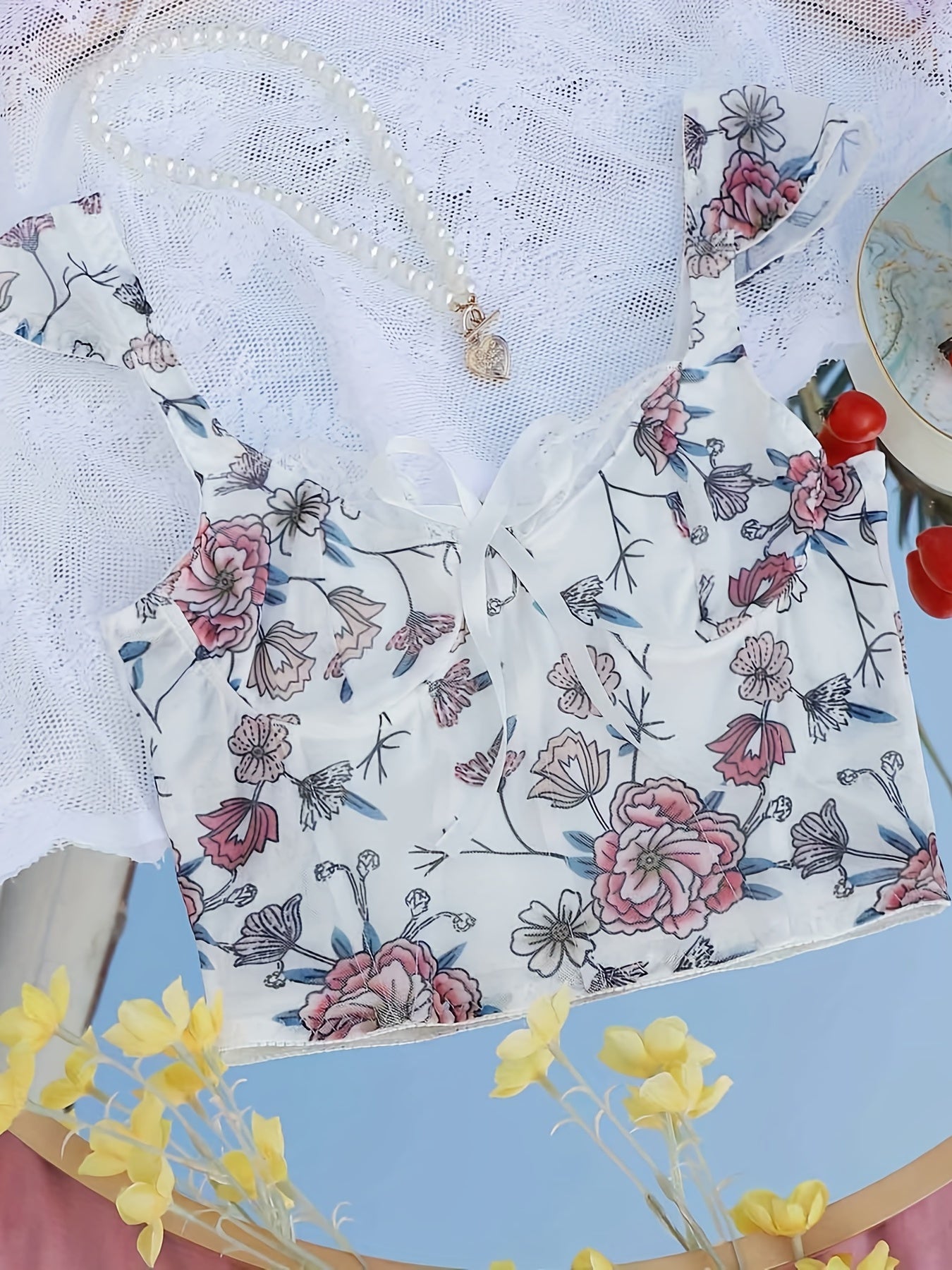 Floral Lace Push Up Bra with Bow Tie Detail Sexy Lingerie