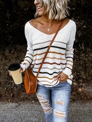 Striped Print Knit Sweater V Neck Long Sleeve Casual
