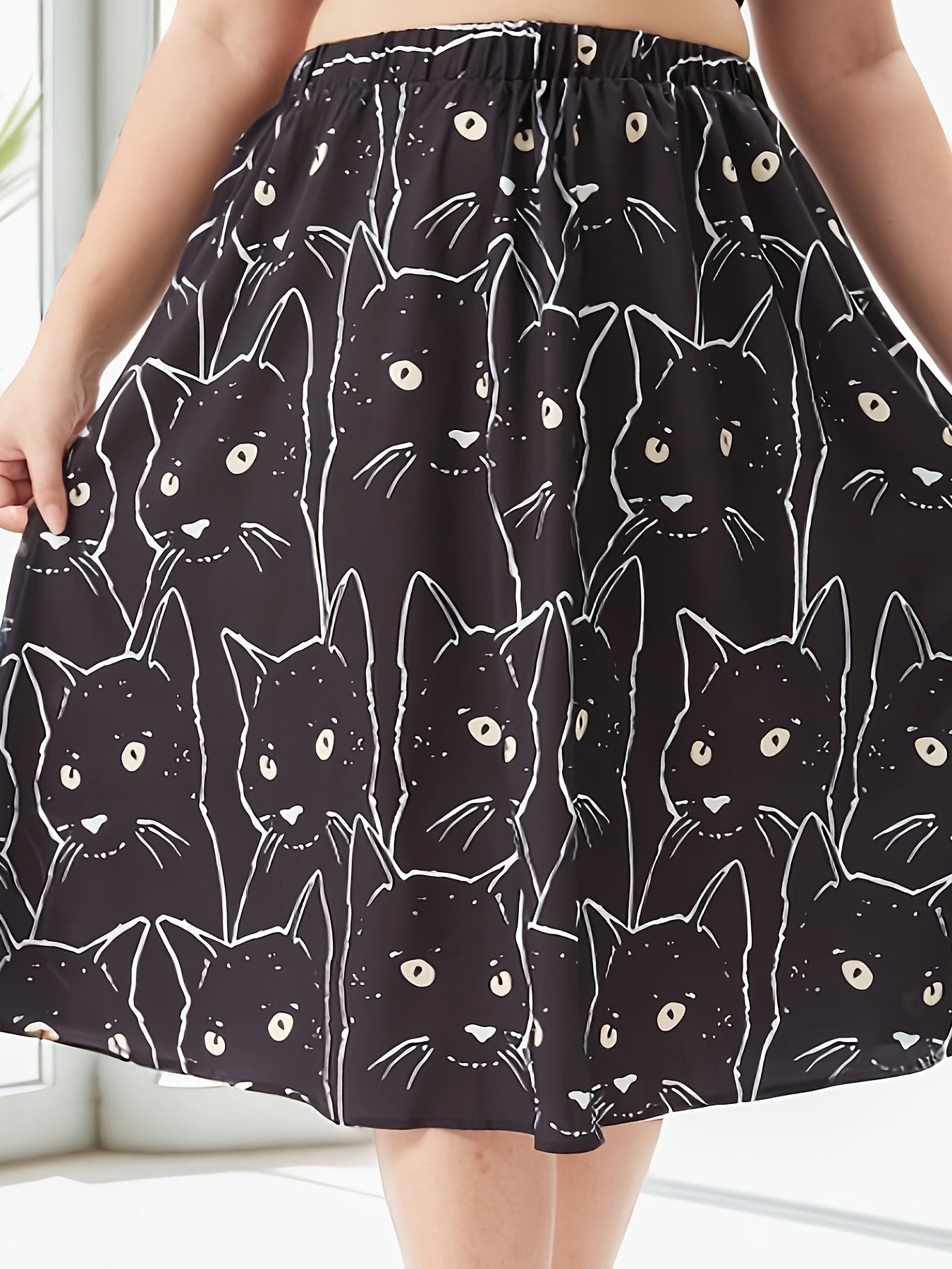 Allover Cat Print A Line Skirt, Elastic High Rise Knee Length