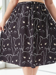 Allover Cat Print A Line Skirt, Elastic High Rise Knee Length