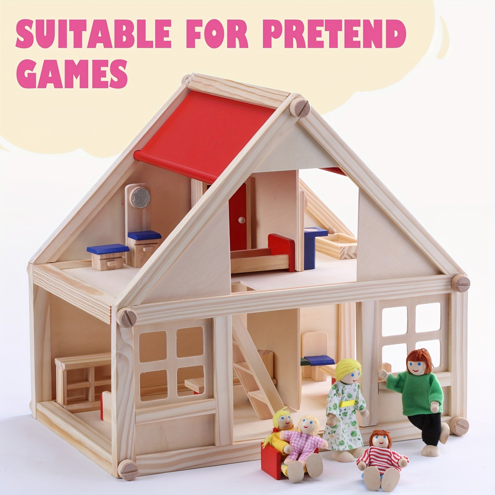 Wooden Dollhouse Family Set with Realistic Clothes for Kids Pretend Play