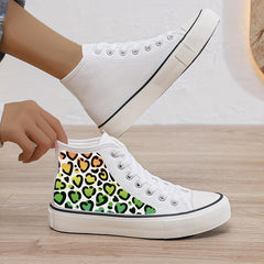 Leopard Heart Print Plush Lined Canvas Sneakers