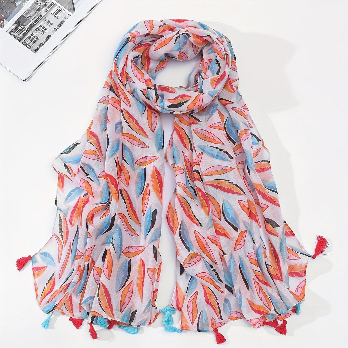 Colorful Leaf Print Scarf Tassel Shawl Women Windproof Warm Head Wrap
