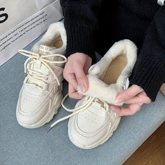 Women's Plush Lined Chunky Sneakers Solid Lace Up Low Top Trainers