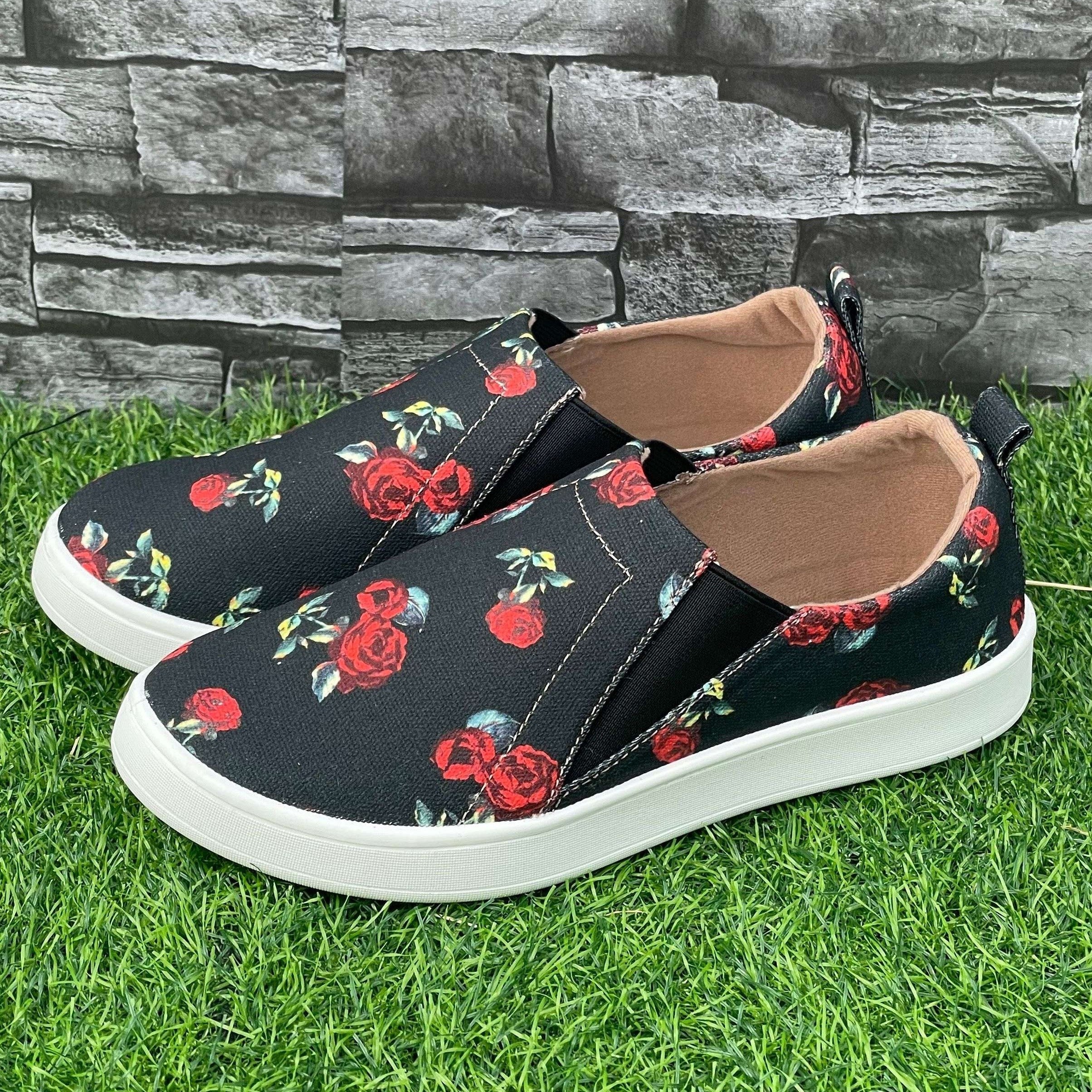 Rose Pattern Slip-On Flat Shoes Women's Casual Lightweight Shoes