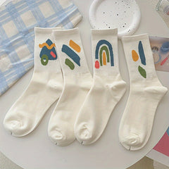 8 Pairs Graffiti Pattern Mid Tube Socks Soft Women's Stockings