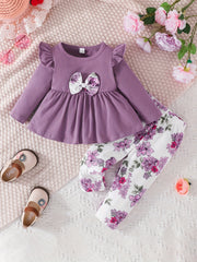 Baby Girls Dress & Floral Pants Set, Long Sleeves, Bow Knot, Spring Fall
