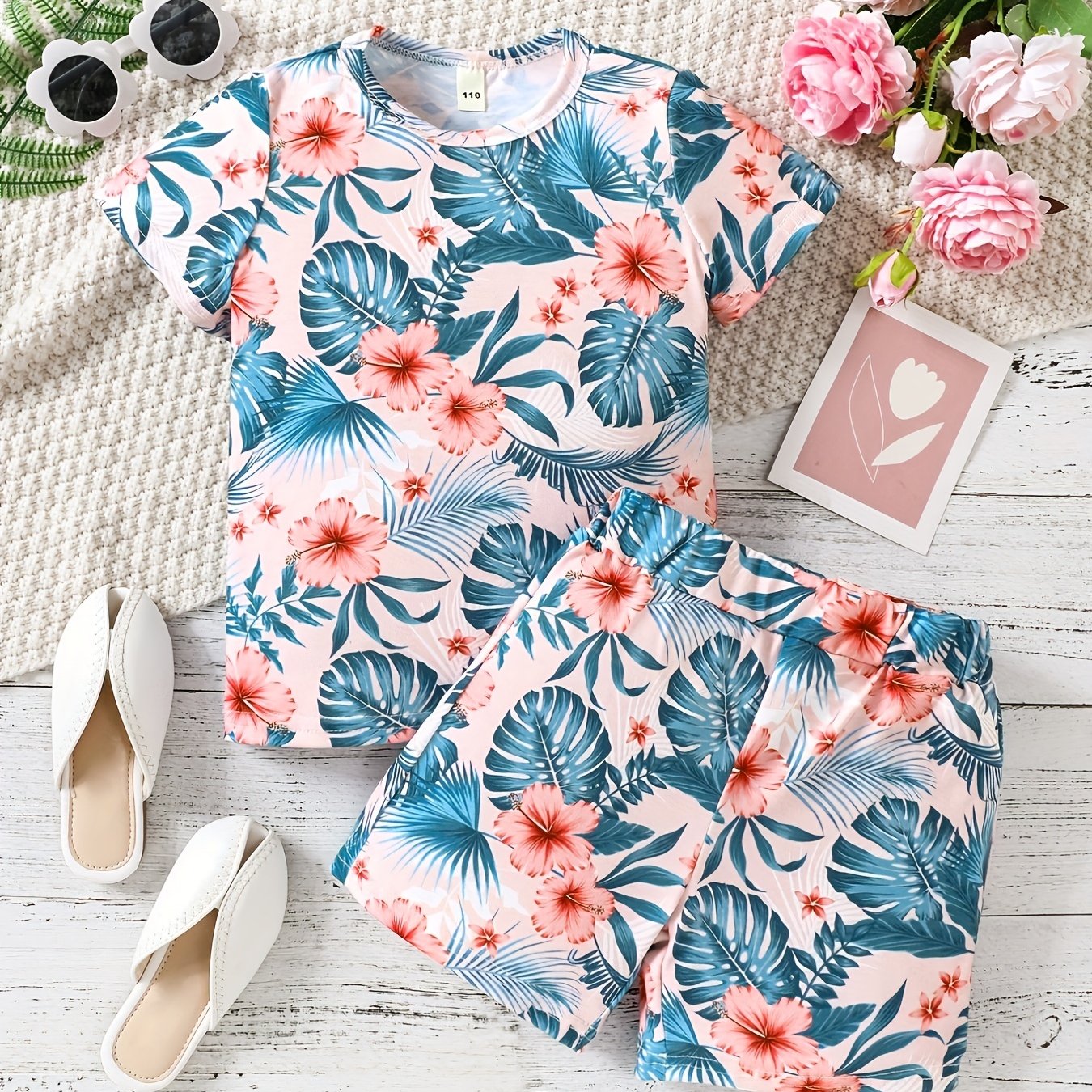 Girls Tropical Flowers Tee & Shorts Set, Summer Beach Outfit