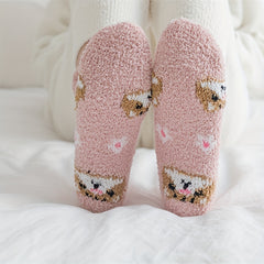 5 Pairs Cute Cat Print Fuzzy Socks for Women