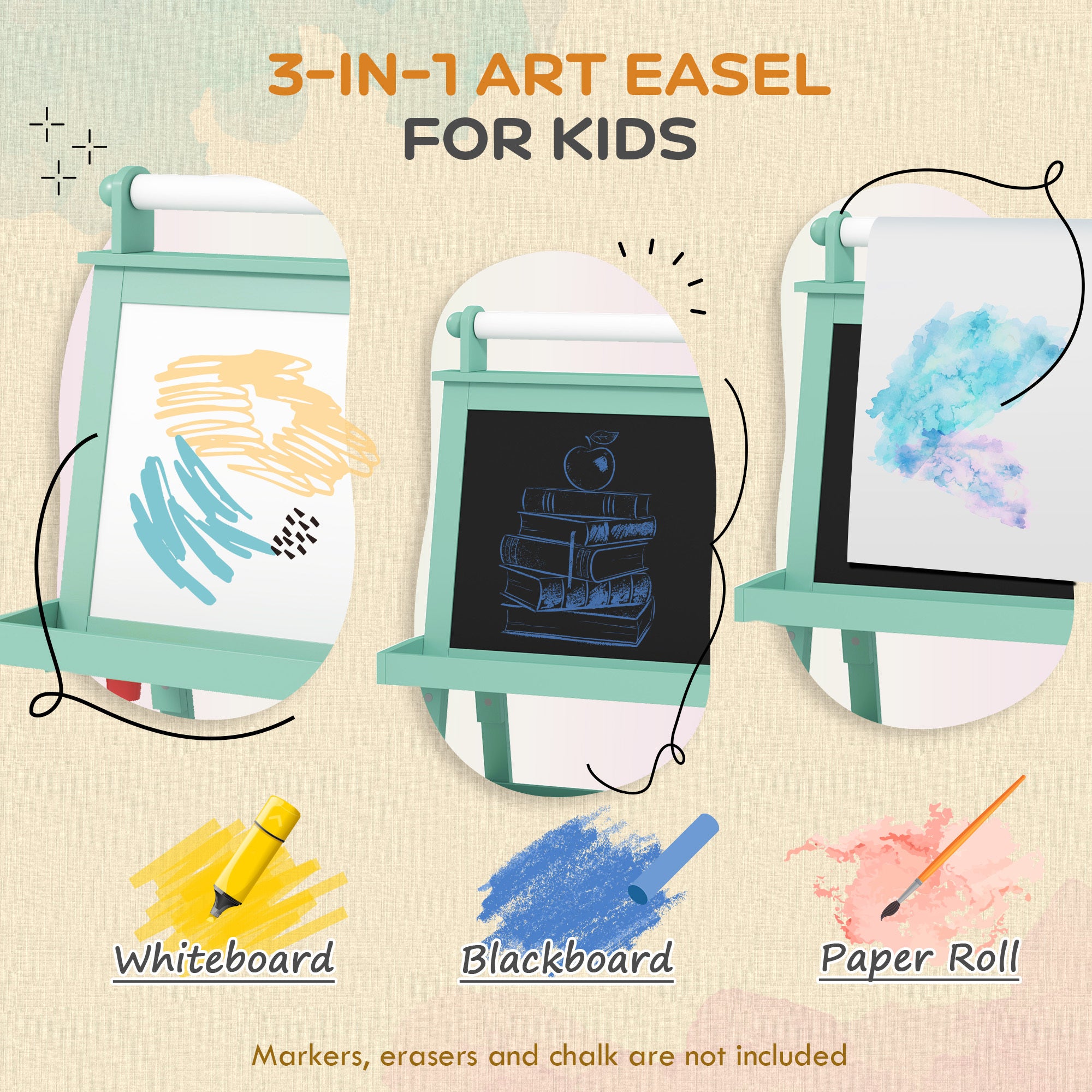 Kids Art Easel with Paper Roll, 3-in-1 Double-Sided Whiteboard & Chalkboard