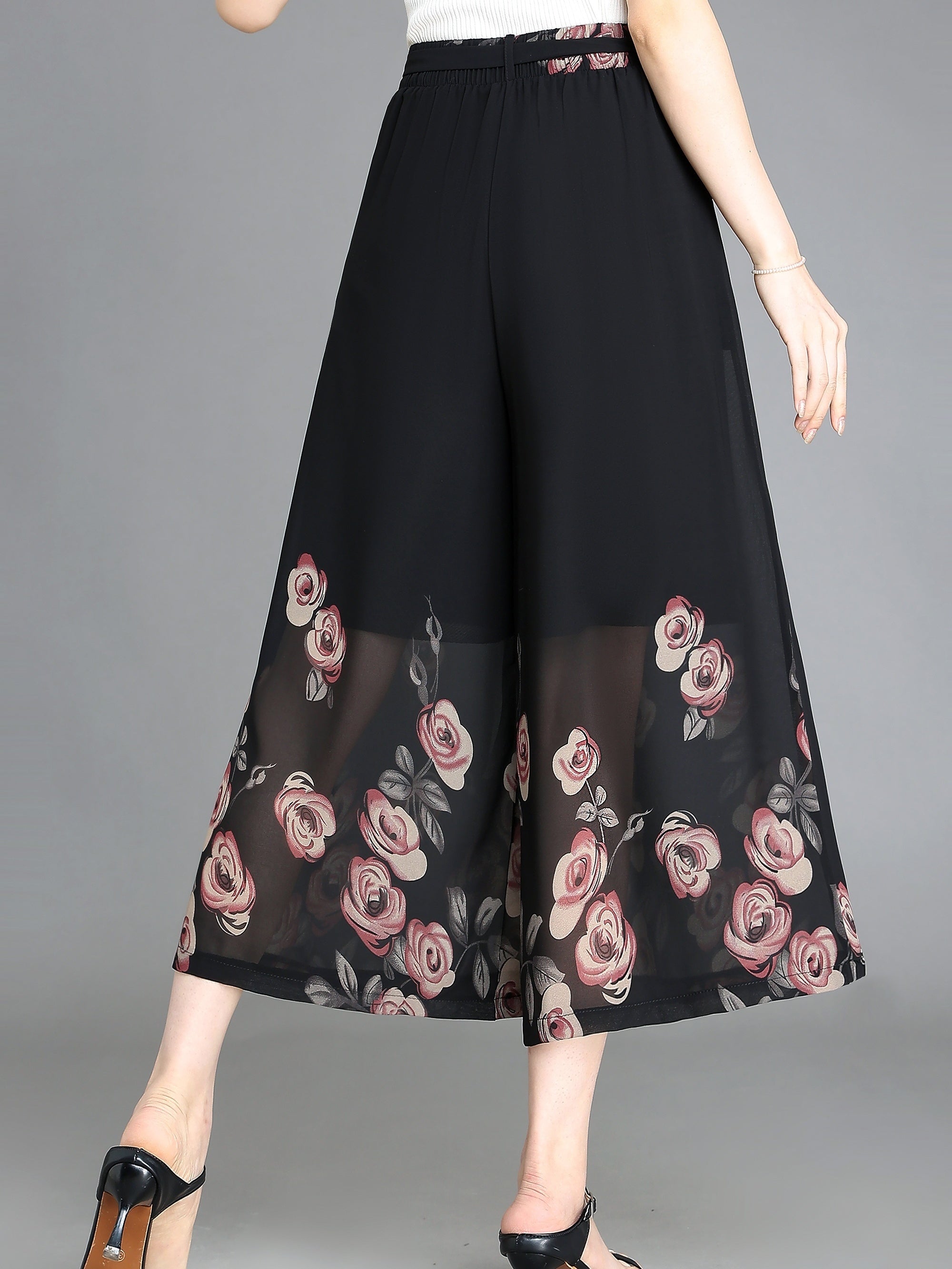 Floral Pattern Chiffon Cropped Wide Leg Pants Casual Belted Pants