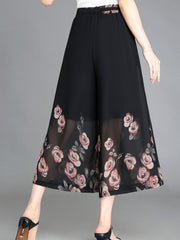 Floral Pattern Chiffon Cropped Wide Leg Pants Casual Belted Pants
