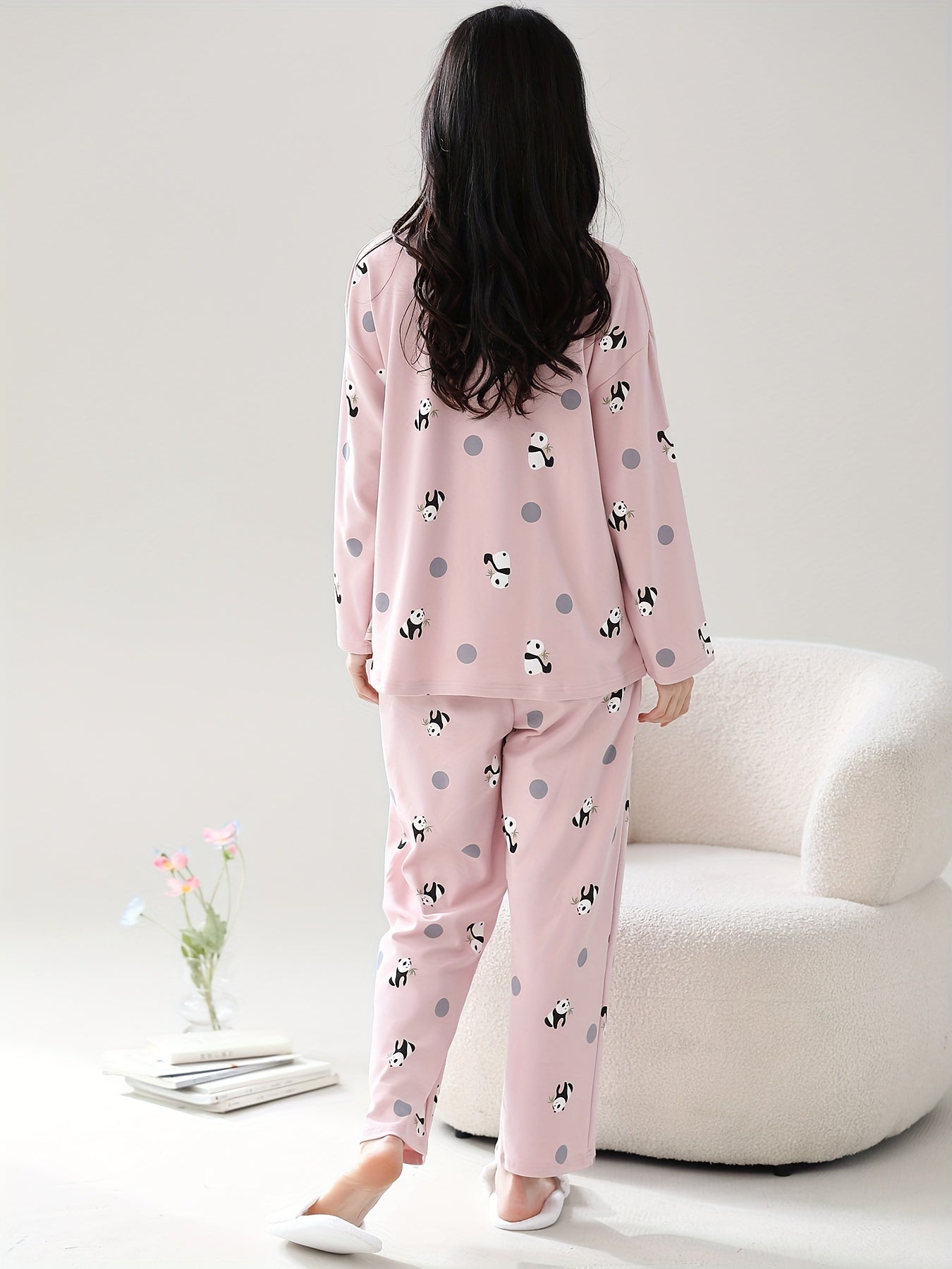 Panda Print Pajama Set Long Sleeve Top & Lounge Pants Women's Sleepwear