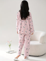 Panda Print Pajama Set Long Sleeve Top & Lounge Pants Women's Sleepwear