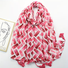 Red Geometric Print Scarf Tassel Shawl Windproof Head Wrap