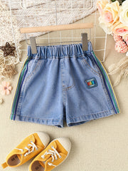 Girls Denim Shorts Rainbow Side Stripe Casual Pants Kids