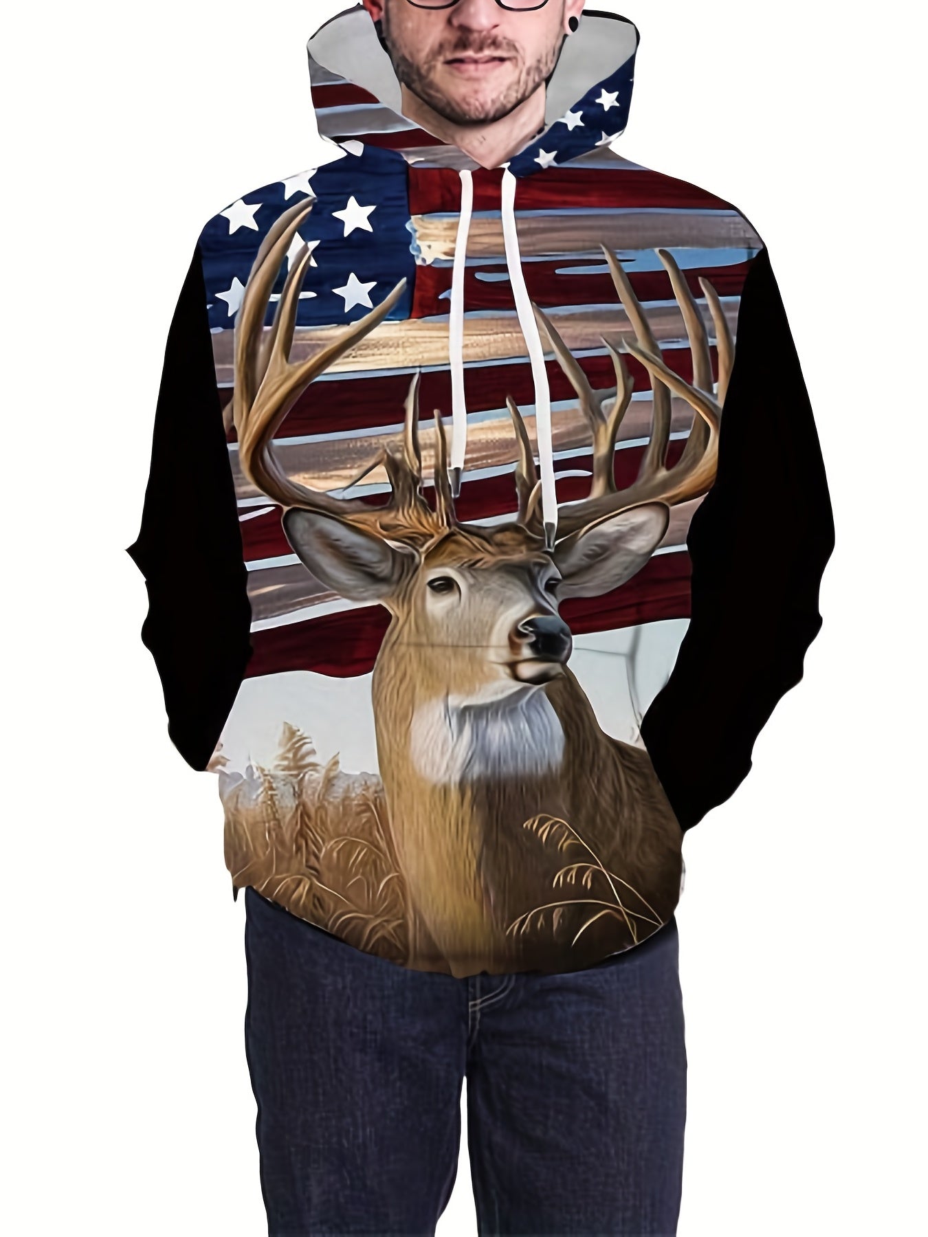 Flag Deer 3D Print Hoodies For Men Graphic Hoodie With Kangaroo Pocket