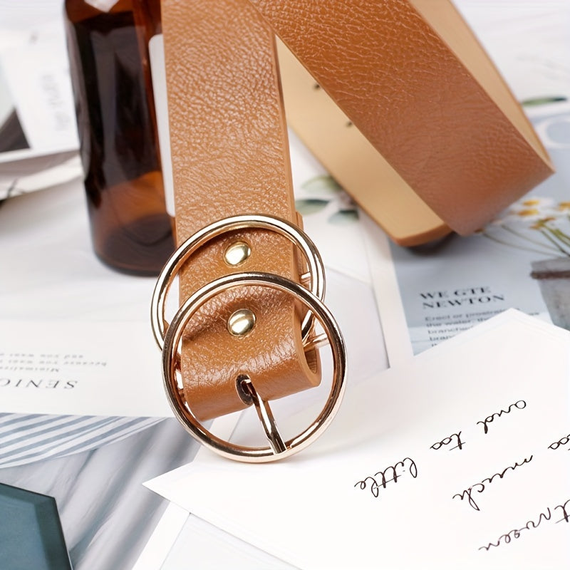 Double Ring Buckle Vintage Belt Solid PU Leather Waistband for Women
