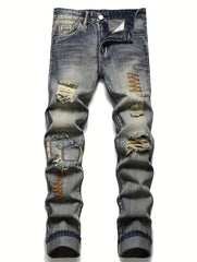 Men Embroidered Ripped Slim Straight Jeans
