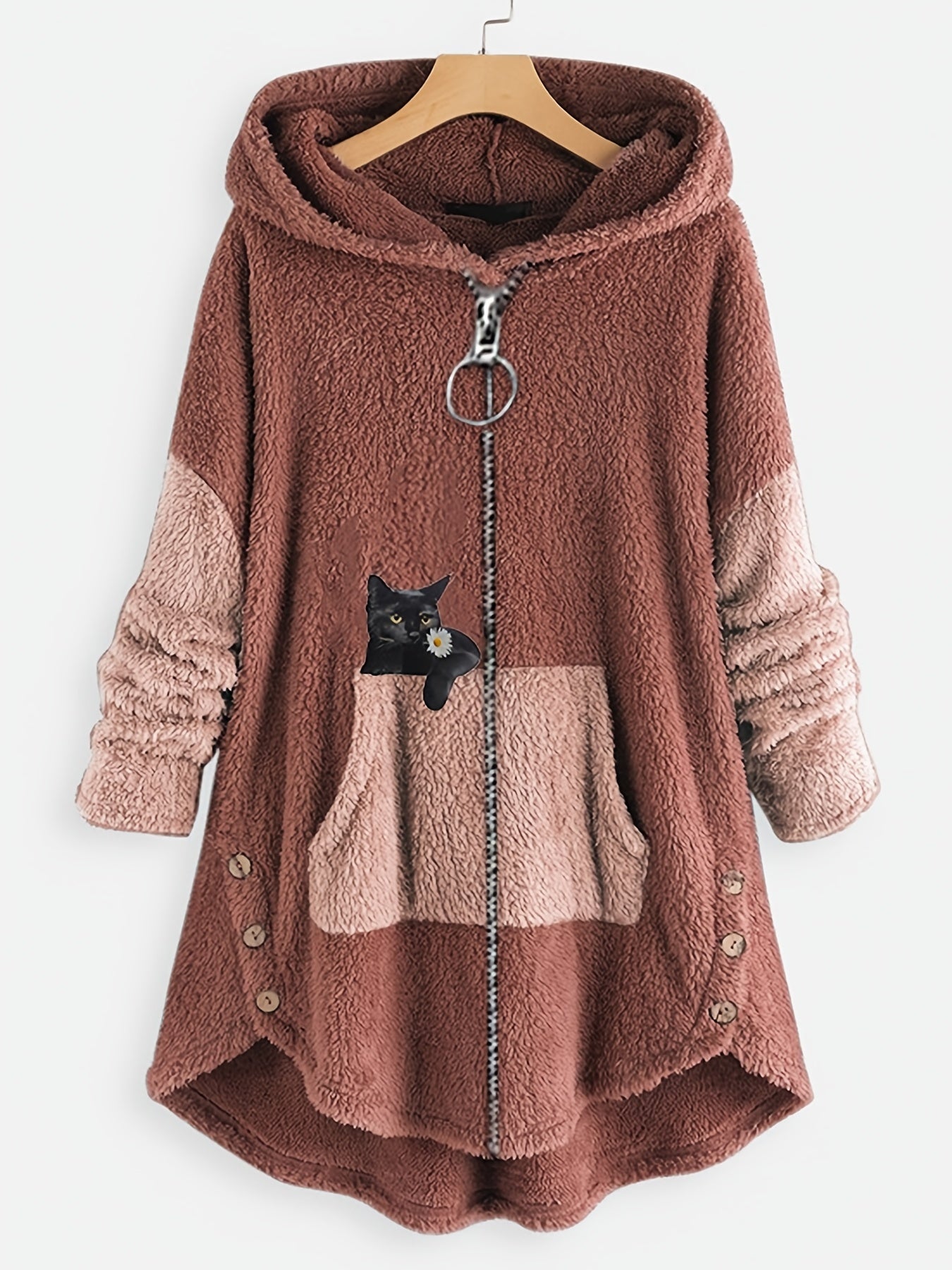 Cat Print Hooded Coat Warm Outerwear For Fall & Winter