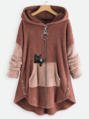 Cat Print Hooded Coat Warm Outerwear For Fall & Winter
