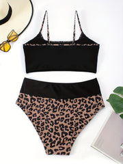 Leopard Print Bikini Set Women's Scoop Neck Swimsuit Two Piece