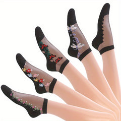 5 Pairs Applique Mesh Socks Lightweight Crew Short Women's Stockings
