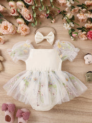 Baby Girls Floral Embroidery Mesh Onesie Dress & Headband Set