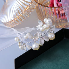 Adjustable Faux Pearl & Leaf Decor Bracelet for Bridal Wedding Parties