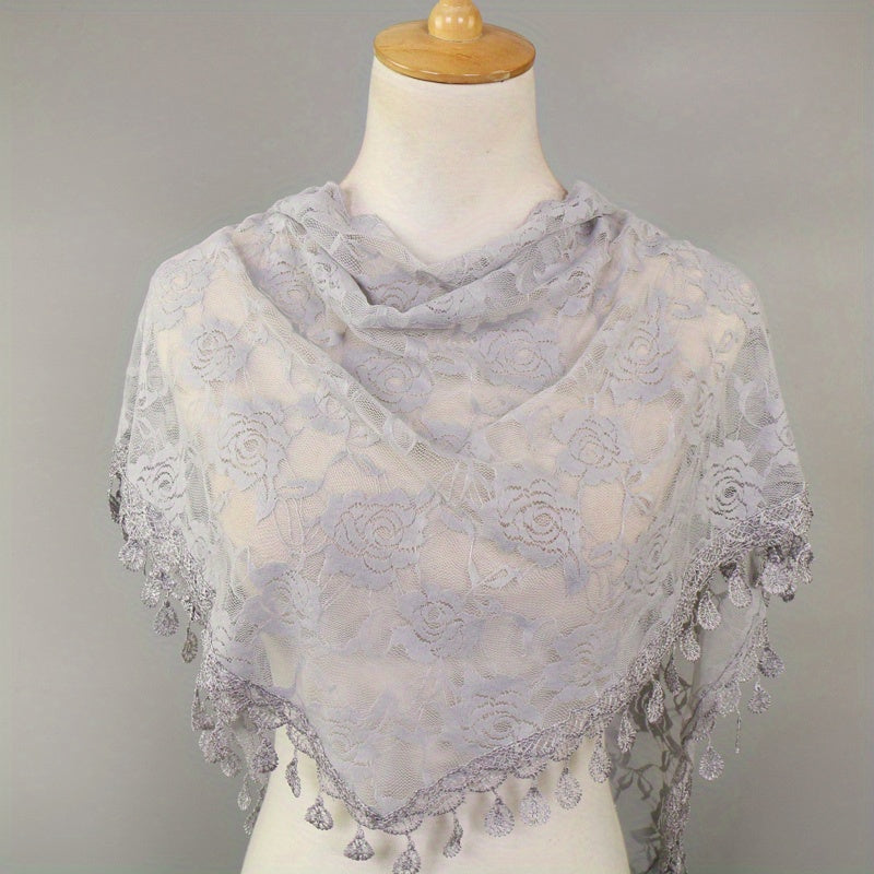 Rose Embroidery Lace Tassel Triangle Scarf Outdoor Windproof Head Wrap