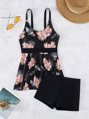 Floral Print Scoop Neck Tankini Set Pink 2 Piece Swimsuit