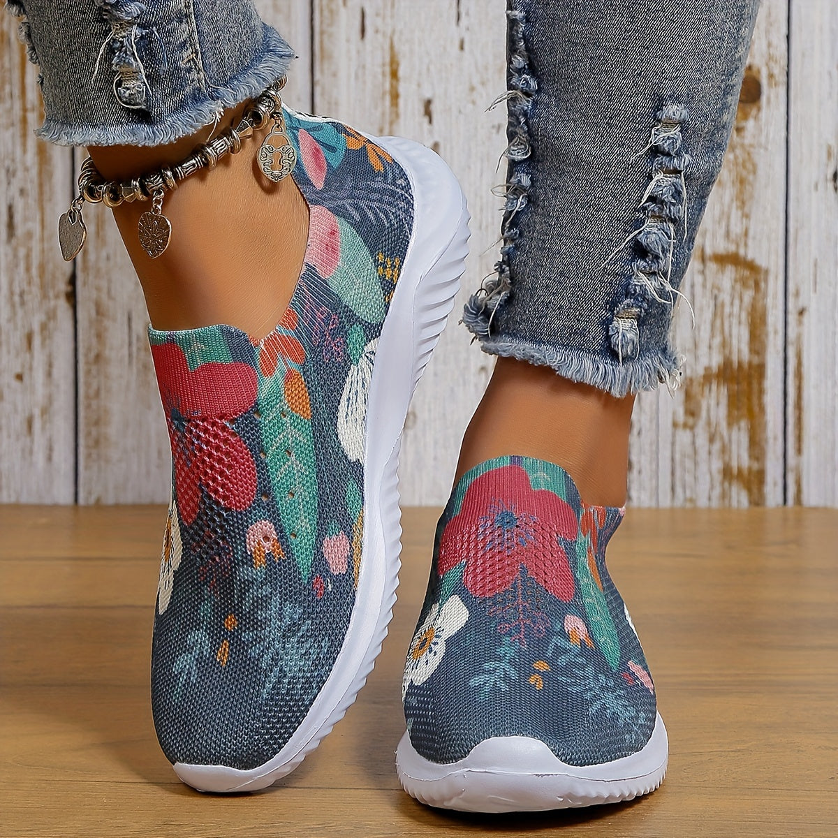 Flower Print Mesh Breathable Running Shoes Soft Lightweight Comfortable