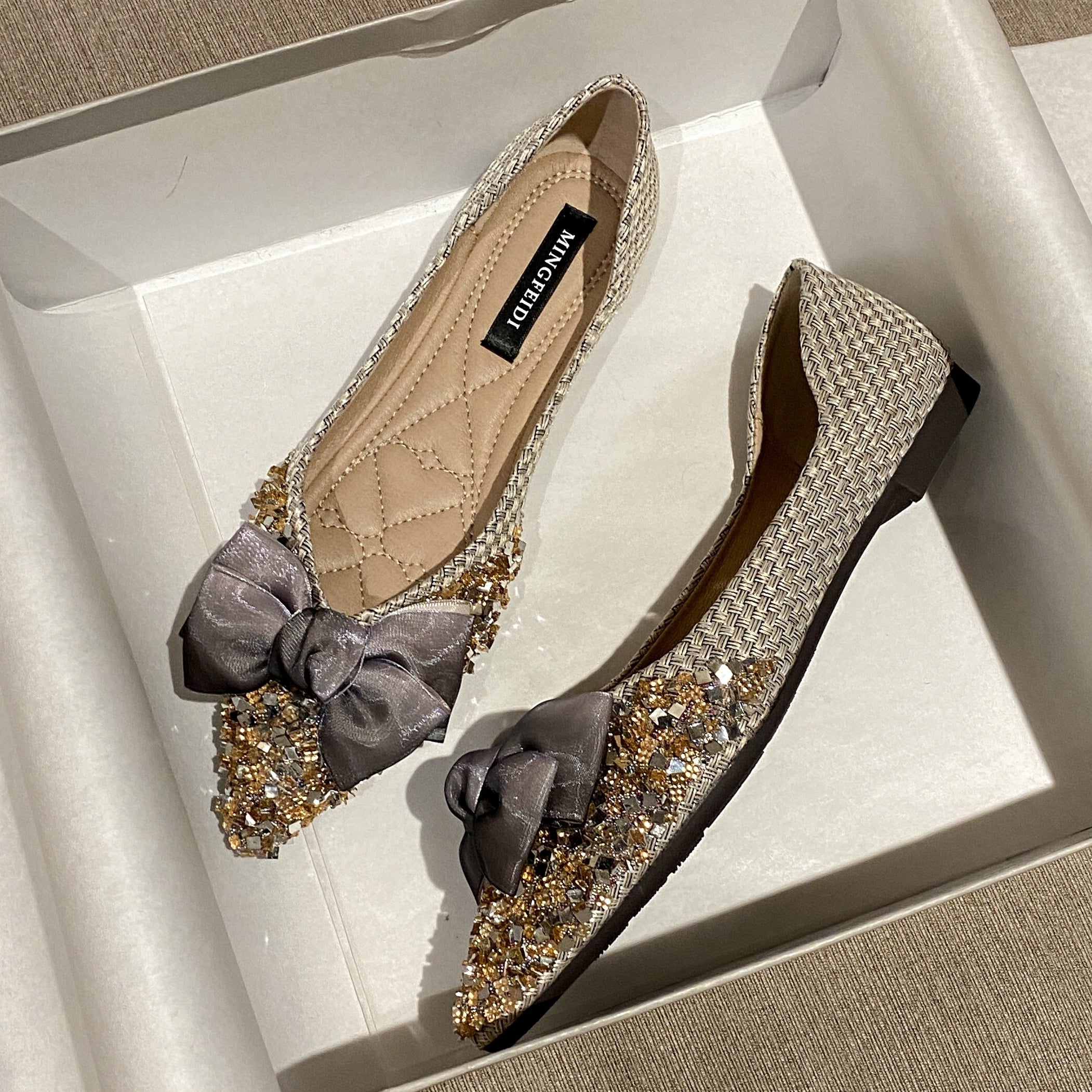 Glitter Bow Tie Flat Shoes Slip On Women's Footwear