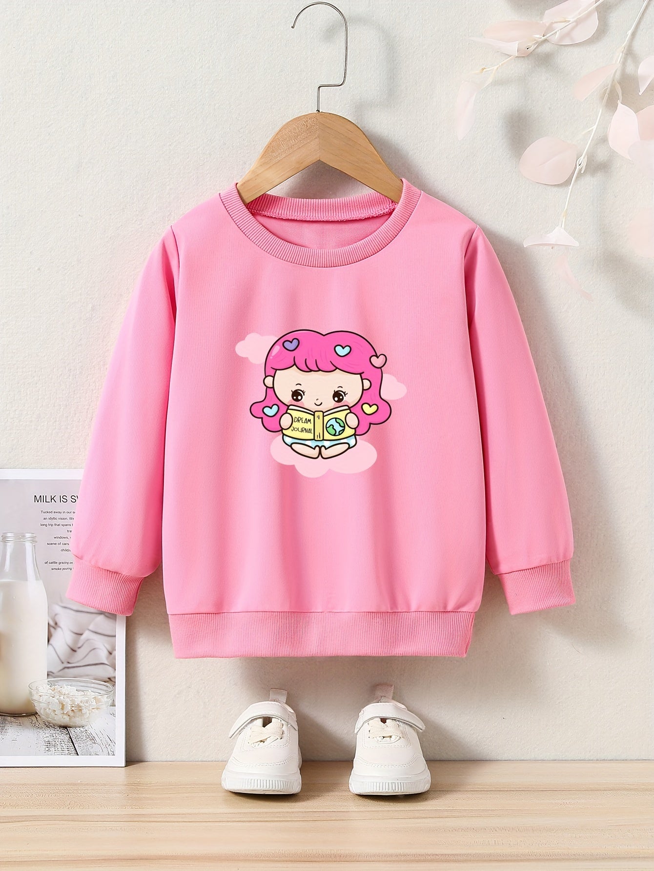 Lovely Studying Girl Graphic Crew Neck Long Sleeve Sweatshirt Kids Clothes
