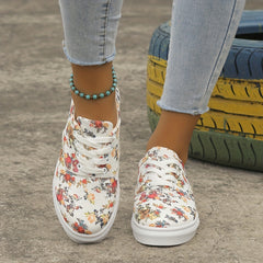 Women's Floral Pattern Lace Up Round Toe Flat Canvas Shoes