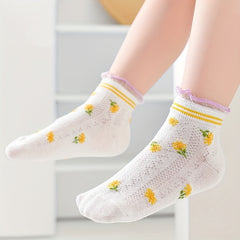5pairs Girls Casual Knit Flower Print Ruffled Socks Thin Mesh for Spring
